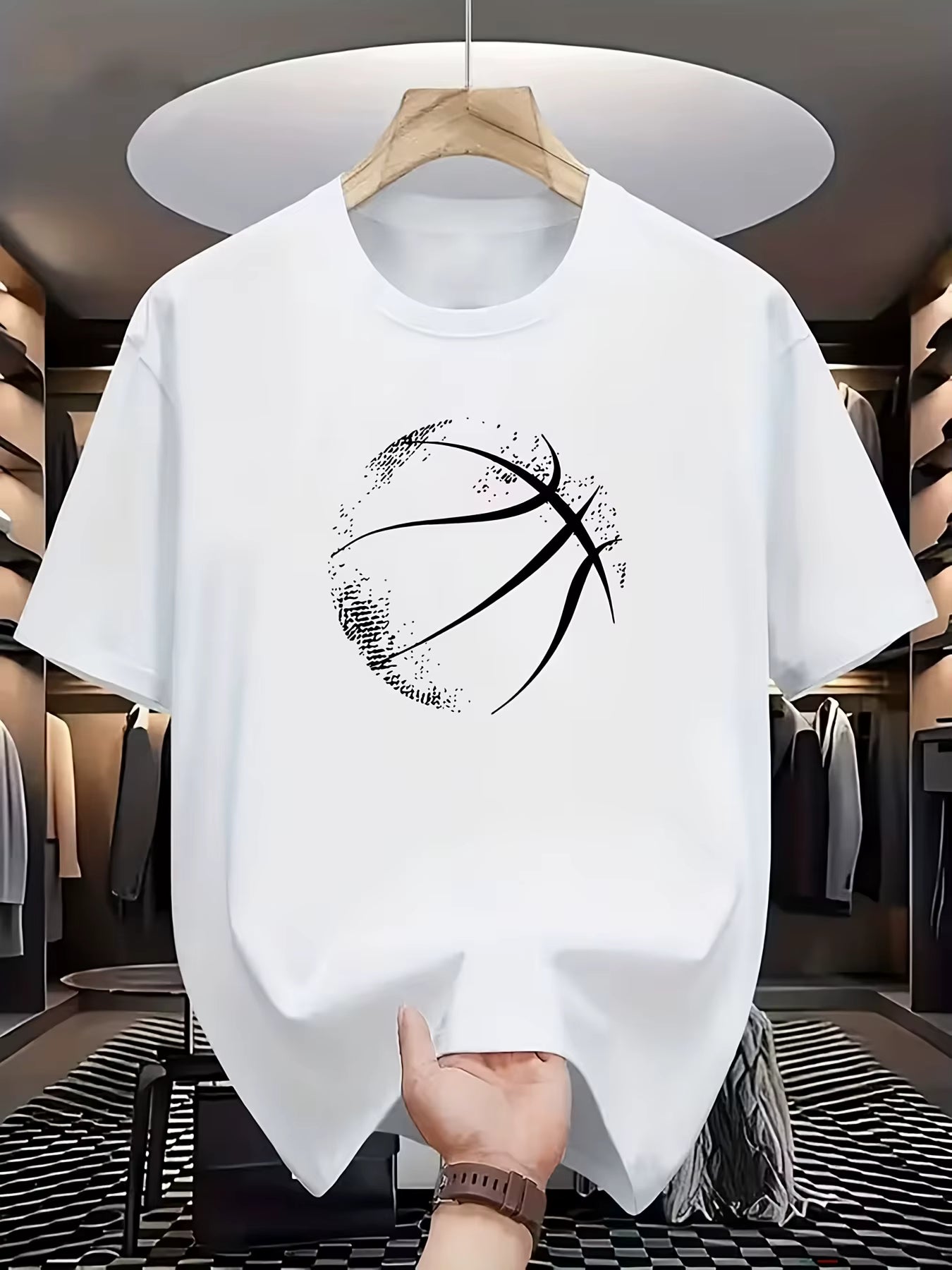 Elegant Round-Neck T-Shirt with a Basketball Pattern Print