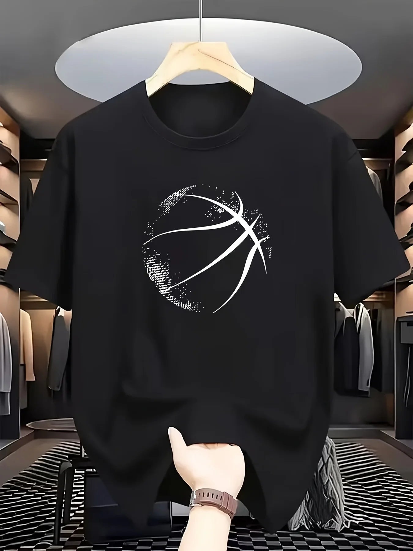 Elegant Round-Neck T-Shirt with a Basketball Pattern Print